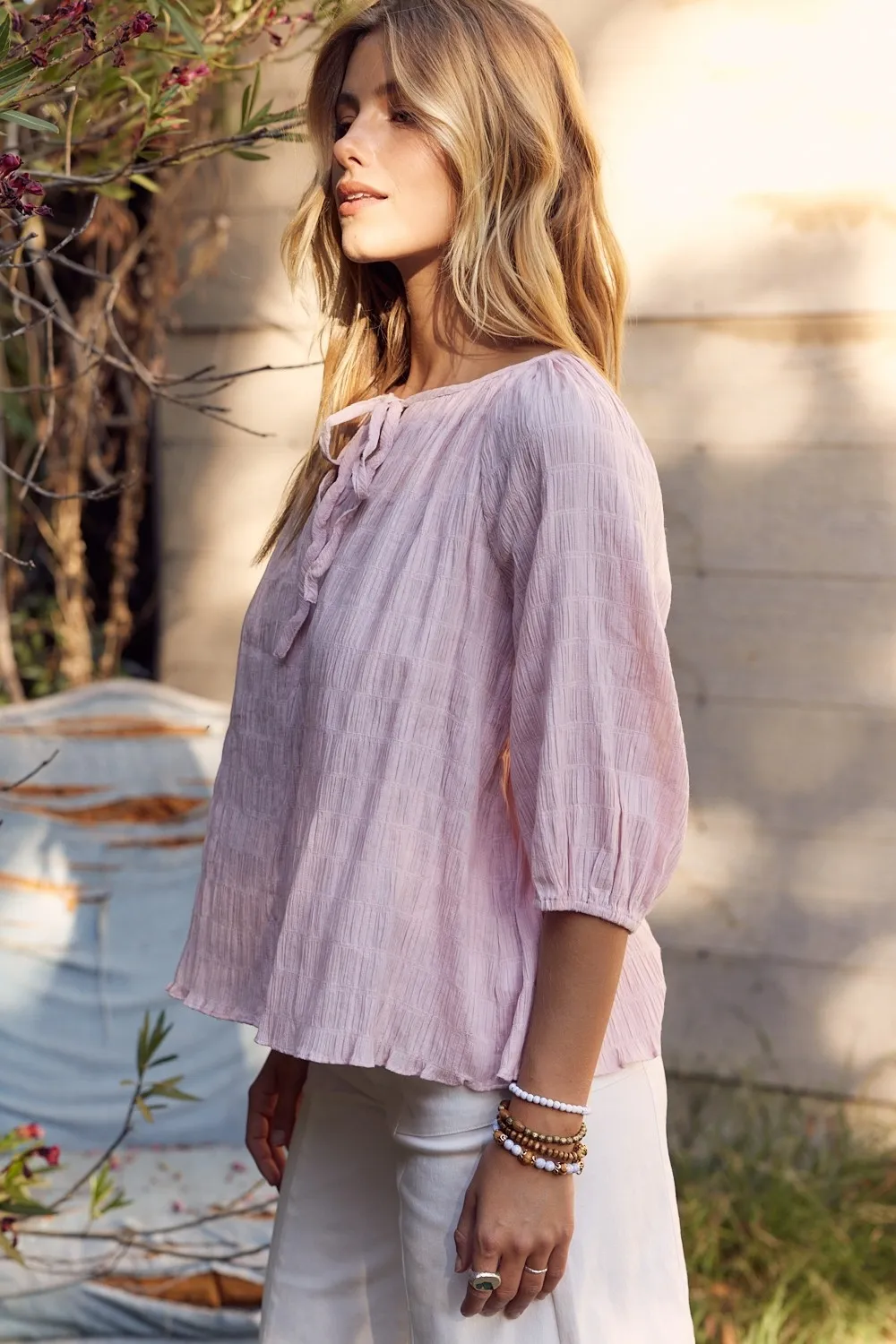 Textured Tie Neck Blouse, image 3