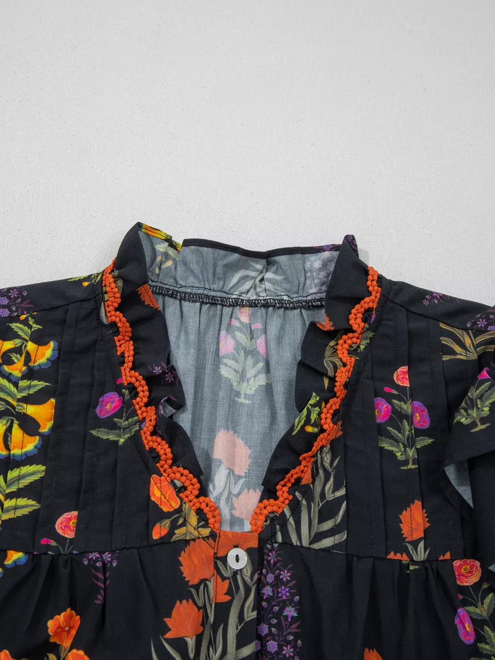 Floral Print Lace Trim Frilled V Neck Short Sleeve Shirt, image 3