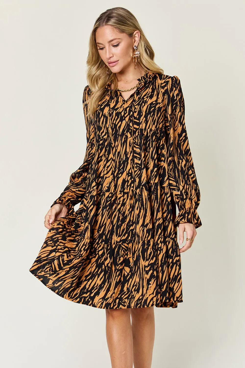 Full Size Printed Ruffle Hem Long Sleeve Dress, image 10