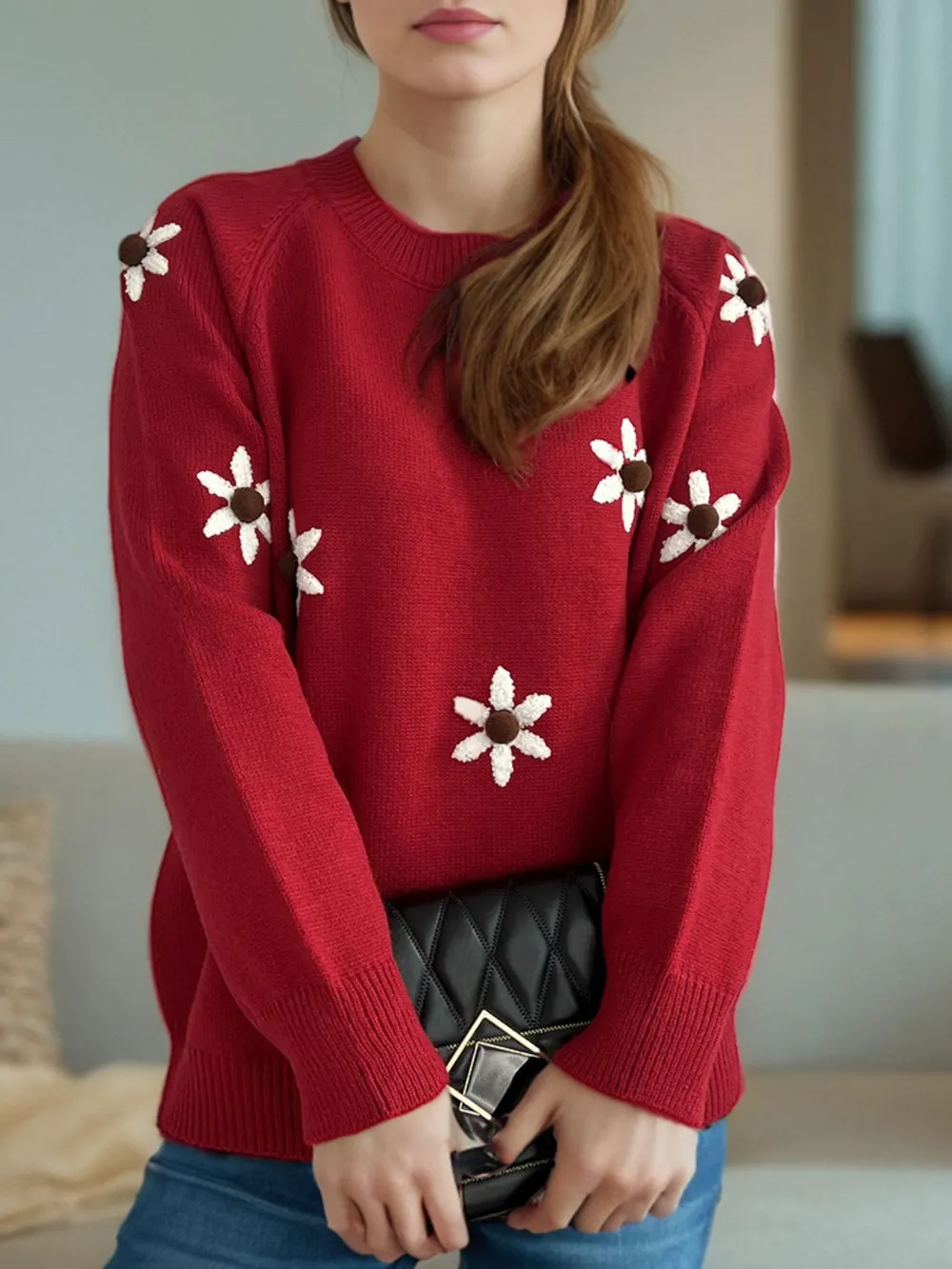 Flower Round Neck Raglan Sleeve Sweater, image 14