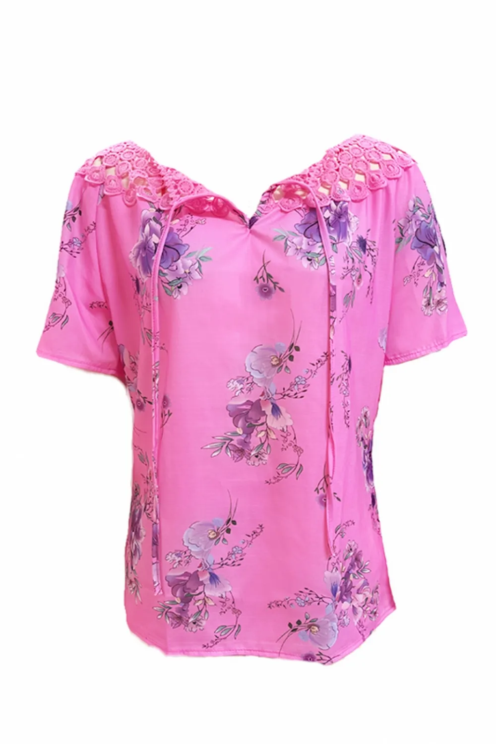Full Size Printed Tie Neck Short Sleeve Blouse, image 15