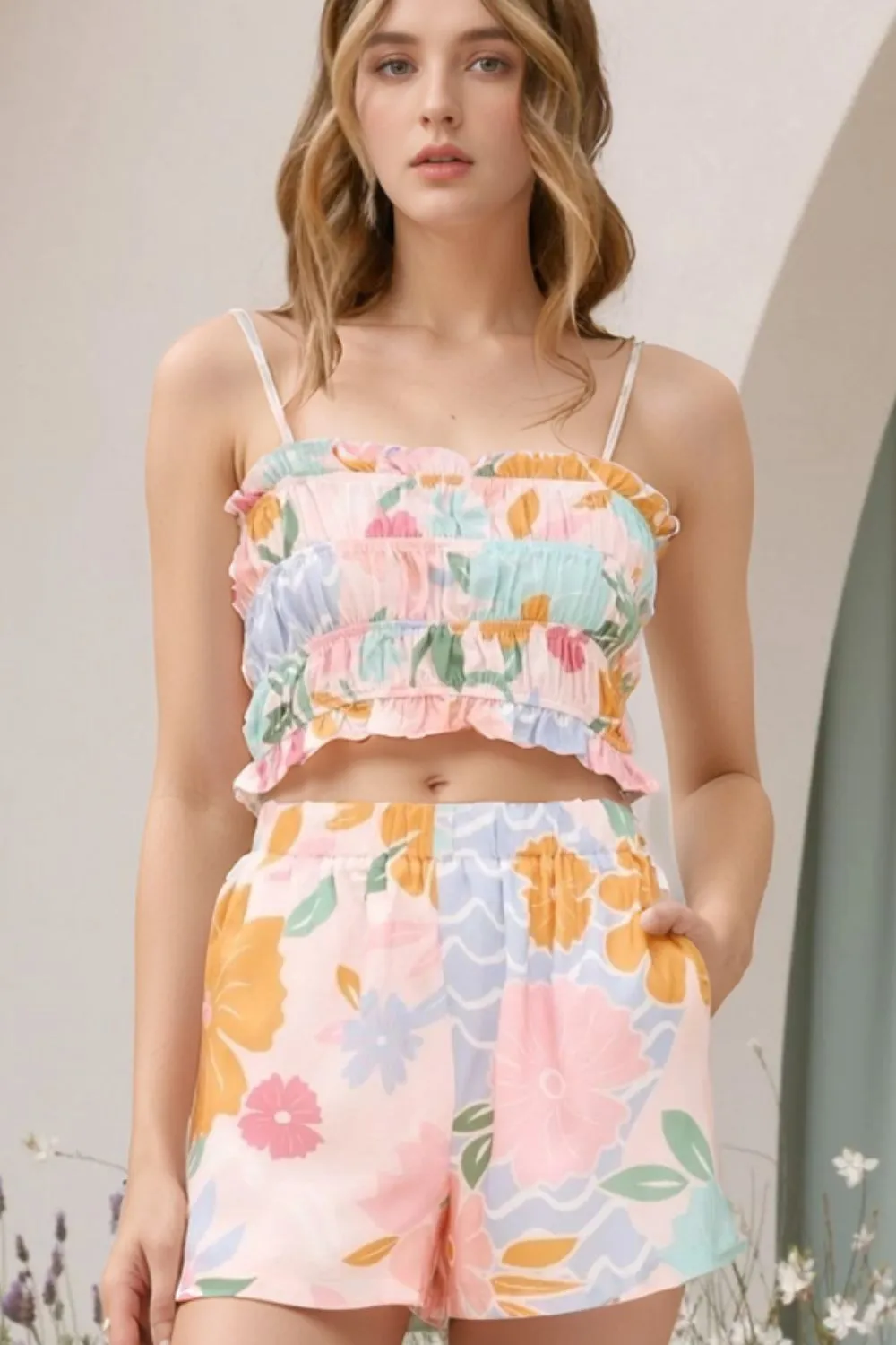 Print Ruffle Trim Cami Top and Shorts Set