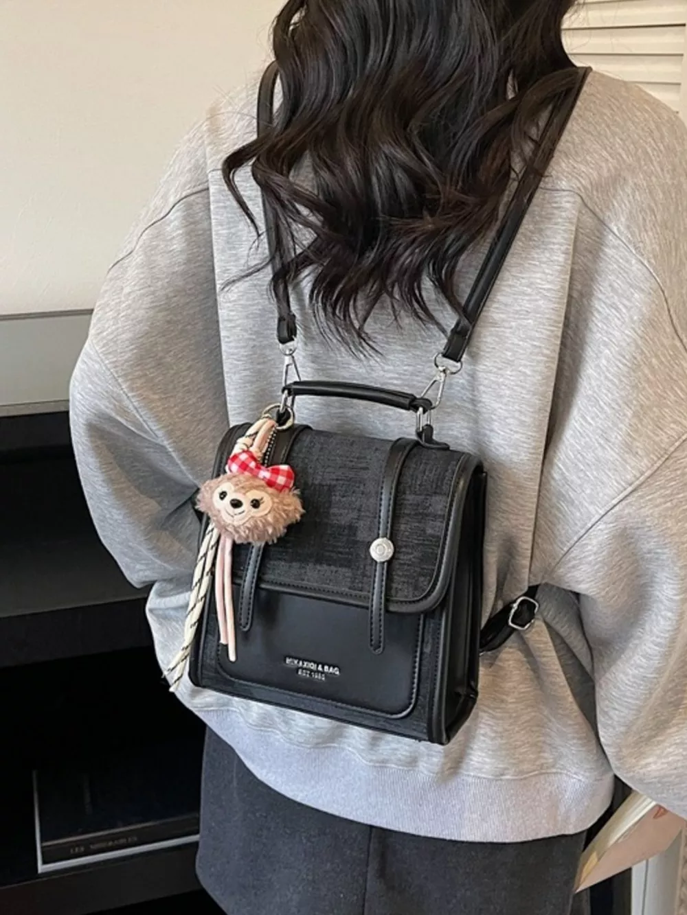 Flap Backpack Bag with Plush Charm, image 2