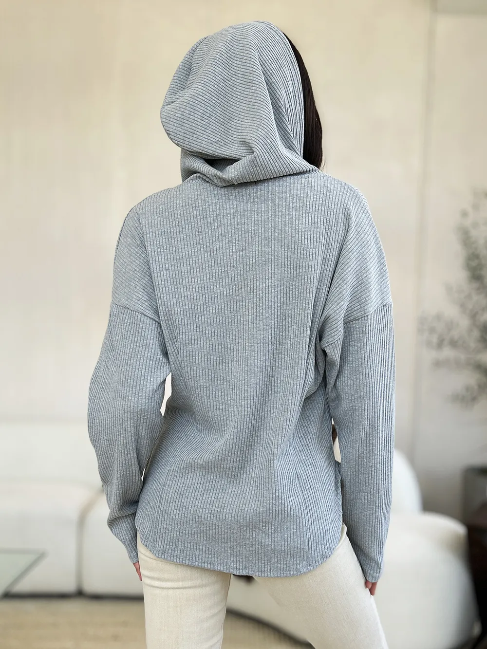 Full Size Ribbed Zip Up Drawstring Hooded Jacket, image 4