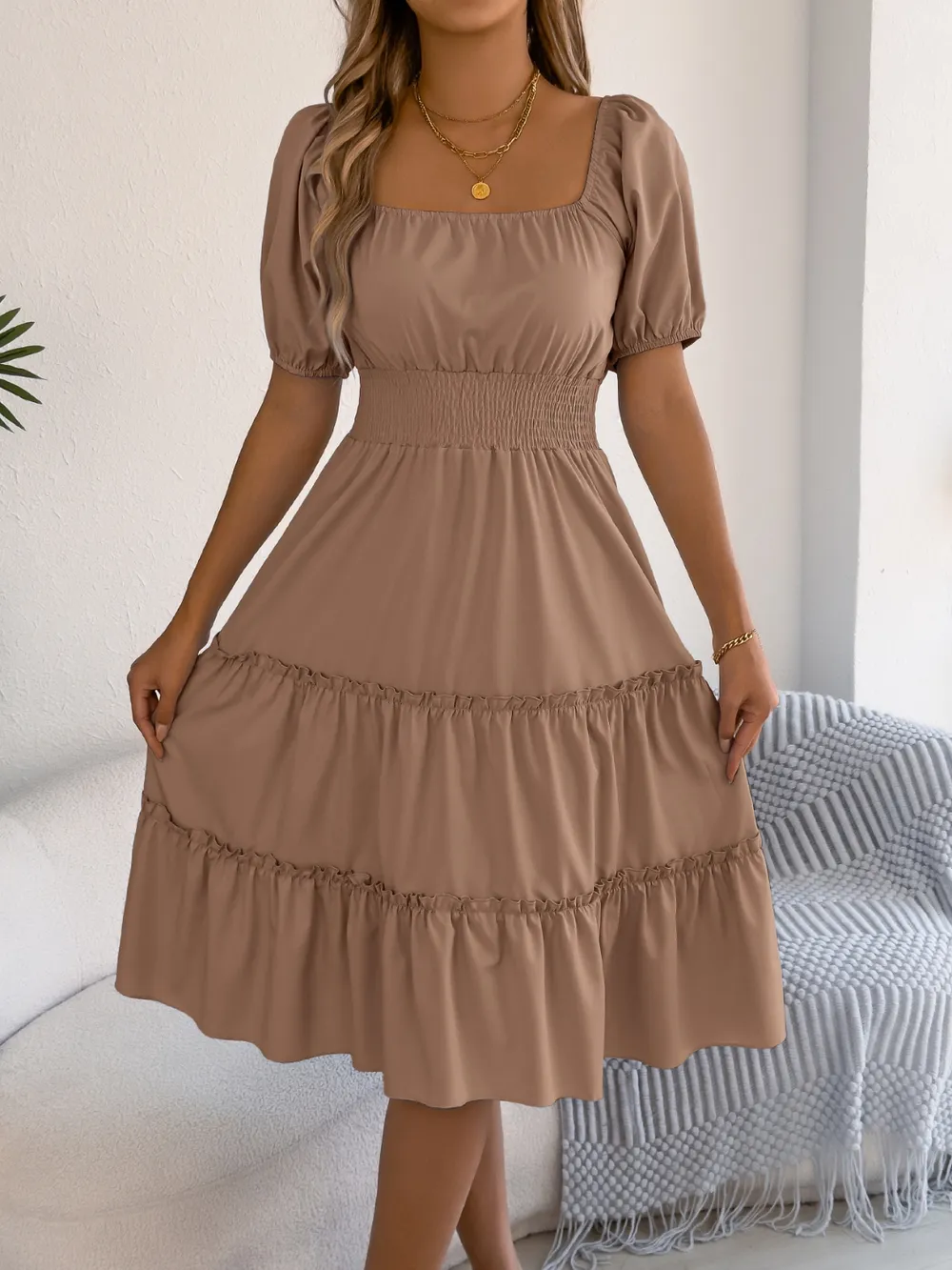 Square Neck Short Puff Sleeve Dress, image 8