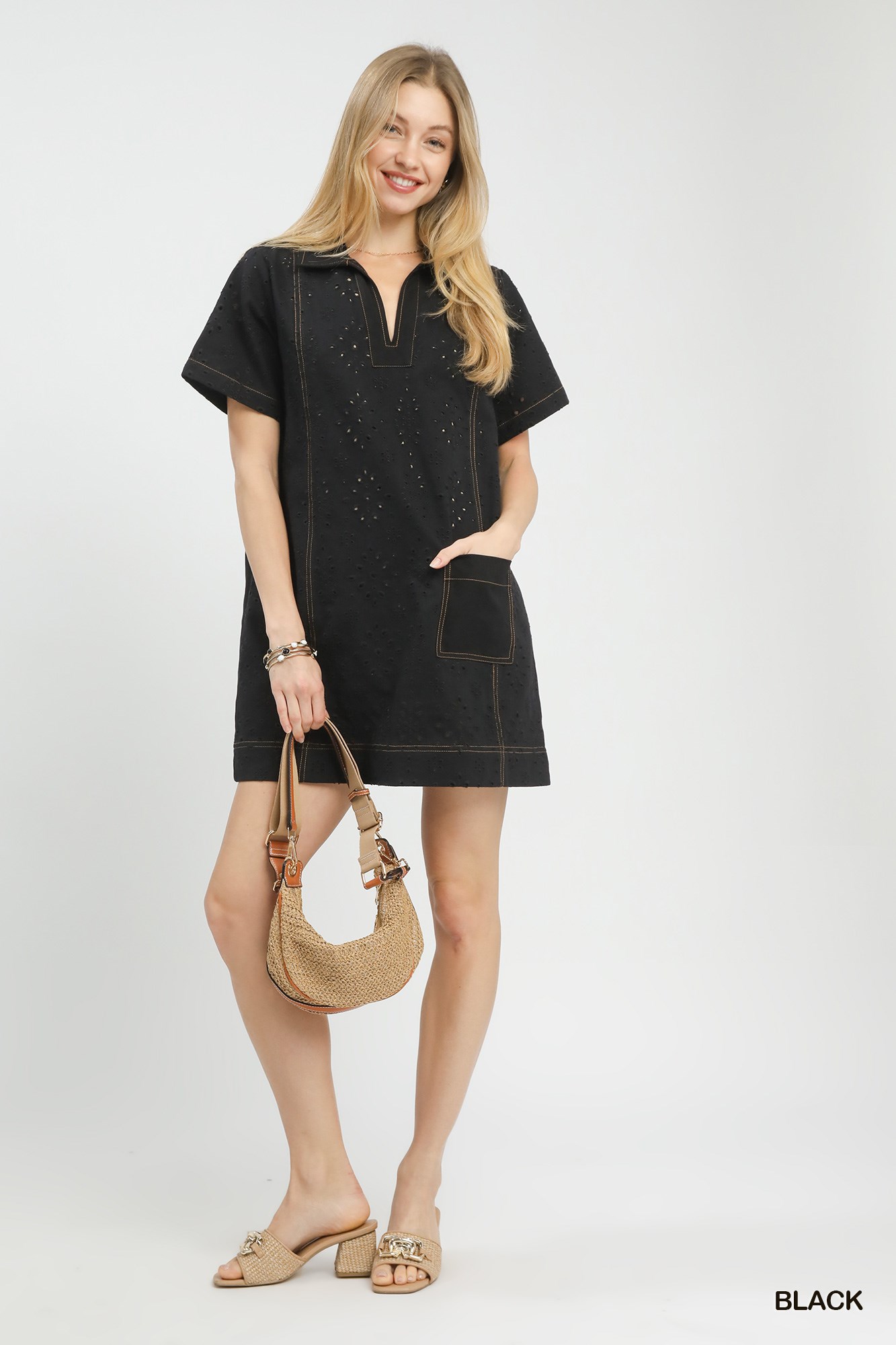 Eyelet Short Sleeve Shift Dress with Pocket, image 3