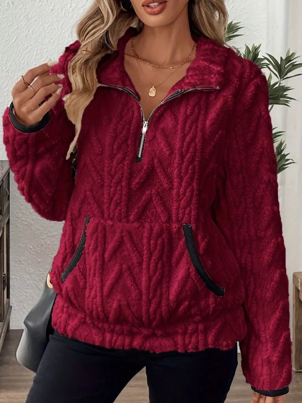 Full Size Half Zip Kangaroo Pocket Sweatshirt Plus Size, image 12
