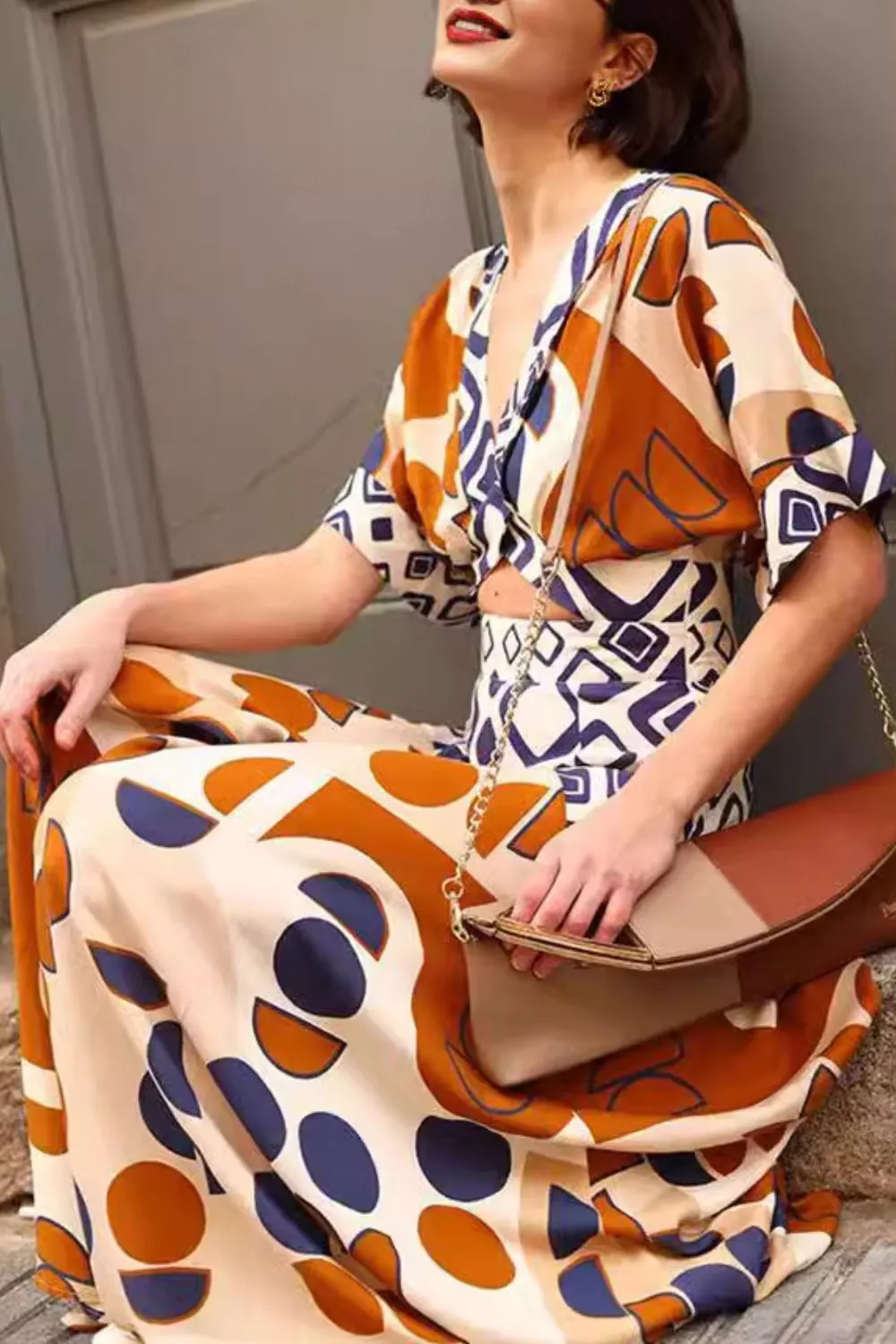 Geometric Print V-Neck Maxi Dress with Cutout Detail, image 4