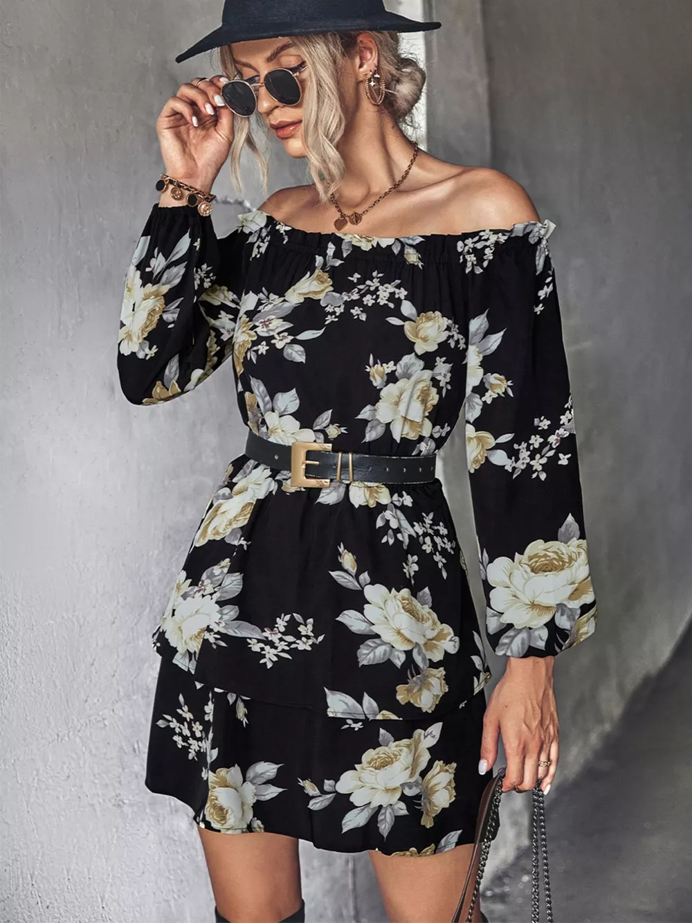 Off-Shoulder Floral Print Long Sleeve Mini Dress, image 7