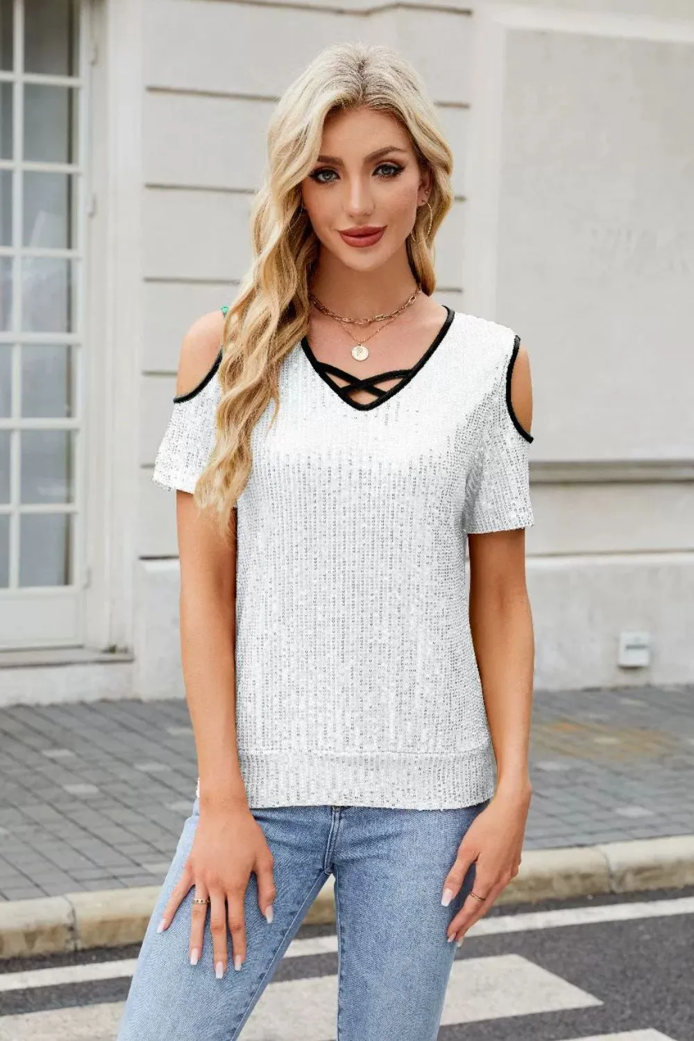 Sequin Crisscross V-Neck Cold Shoulder Blouse, image 7
