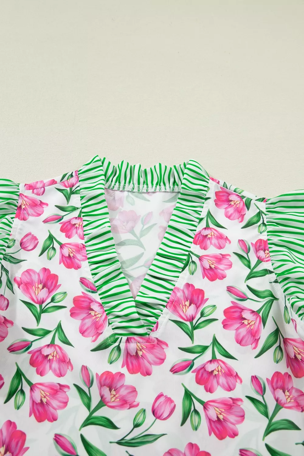 Floral Print Striped Ruffle Trim V Neck Blouse, image 7