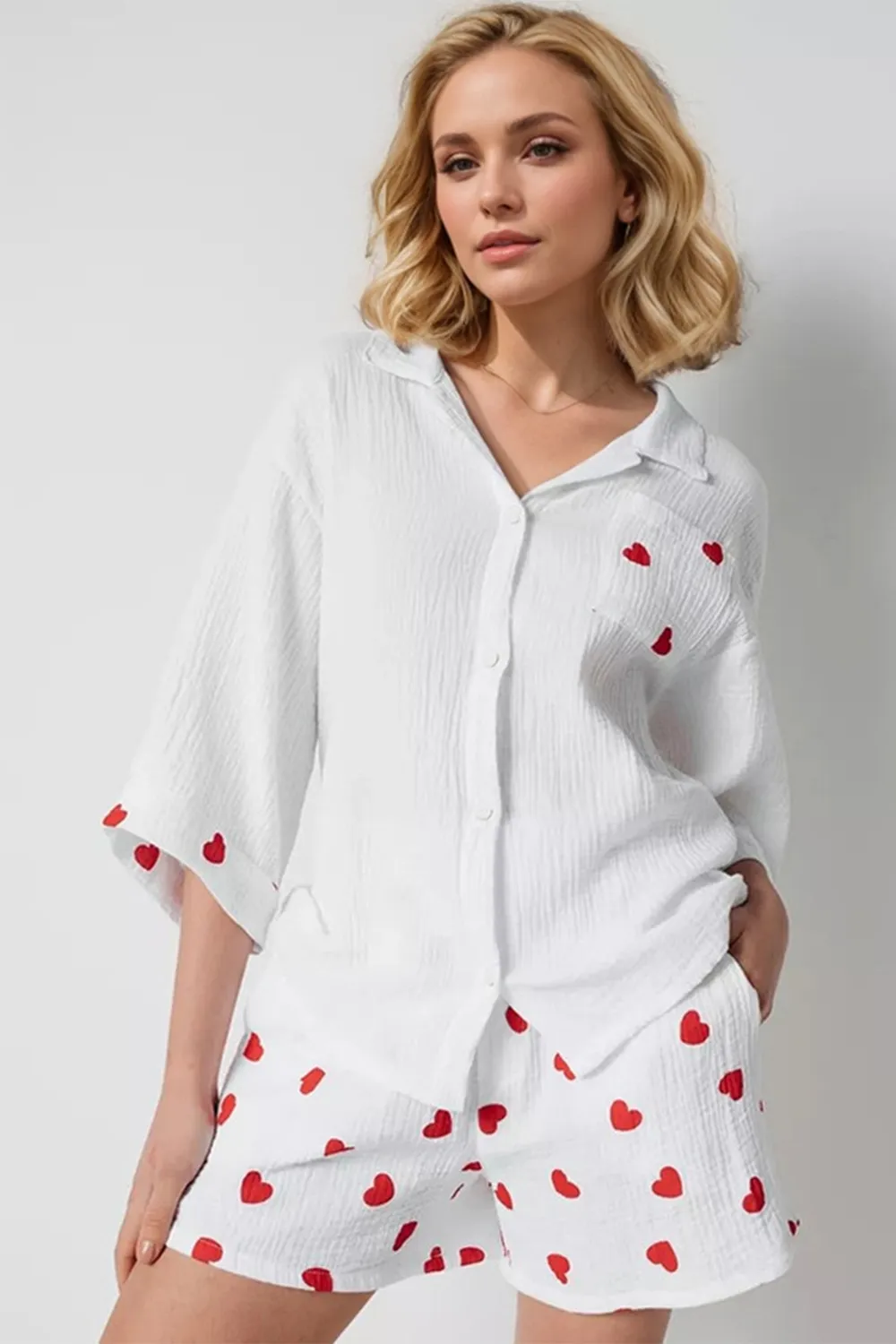 Heart Collared Neck Button Down Top and Shorts Set, image 8