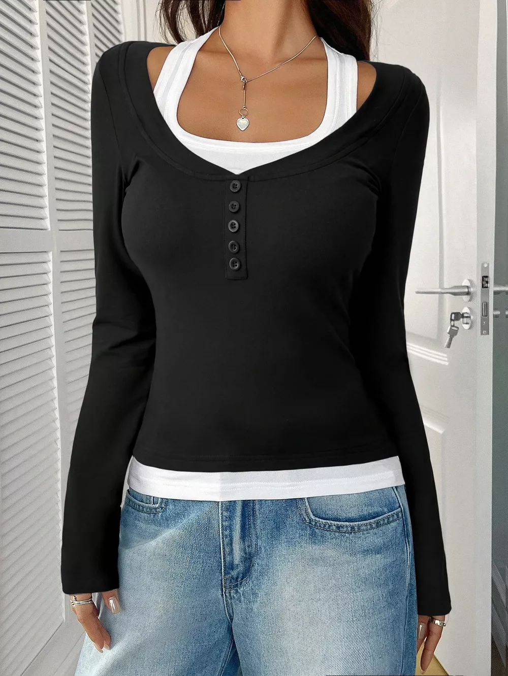 Contrast Long Sleeve Fake Two-Piece T-Shirt, image 8