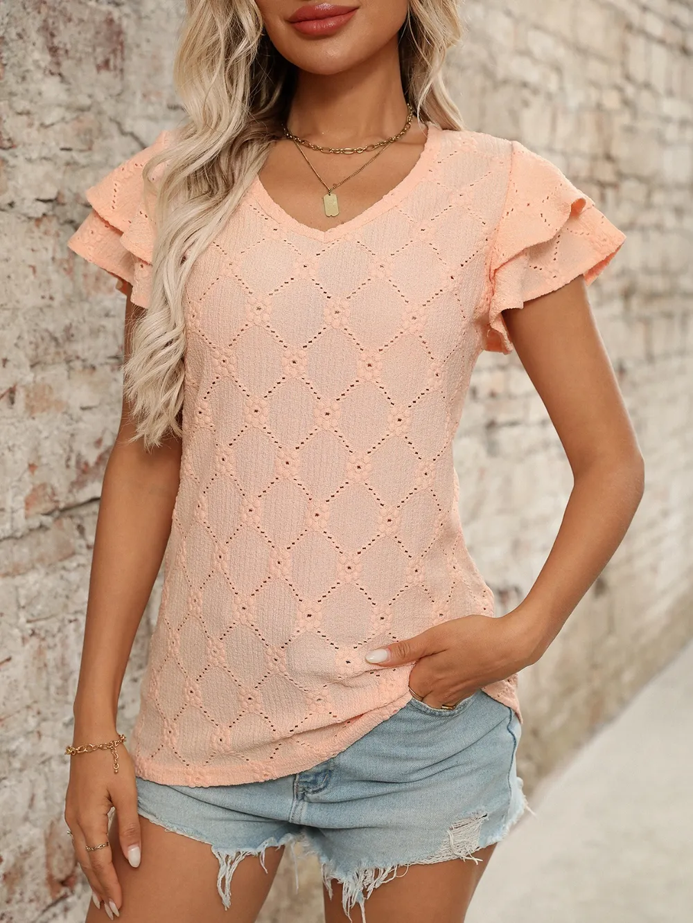 Eyelet V-Neck Ruffled Cap Sleeve Top, image 11