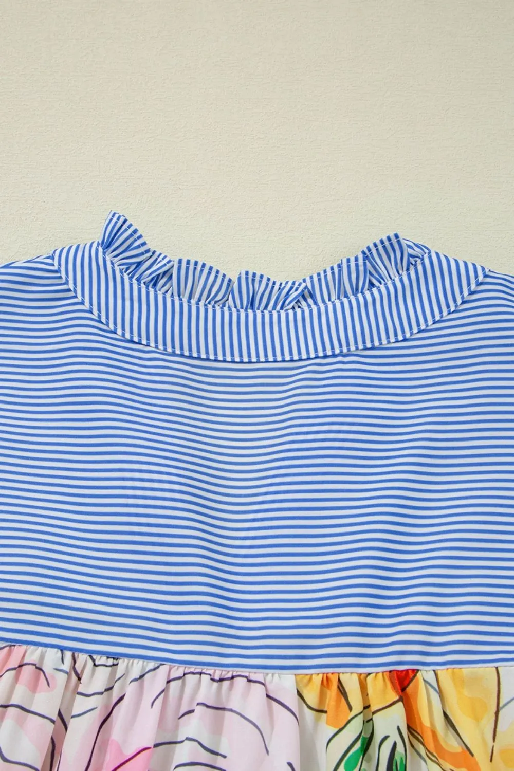 Floral Striped Yoke Frilled Tie Neck Puff Short Sleeve Blouse, image 6