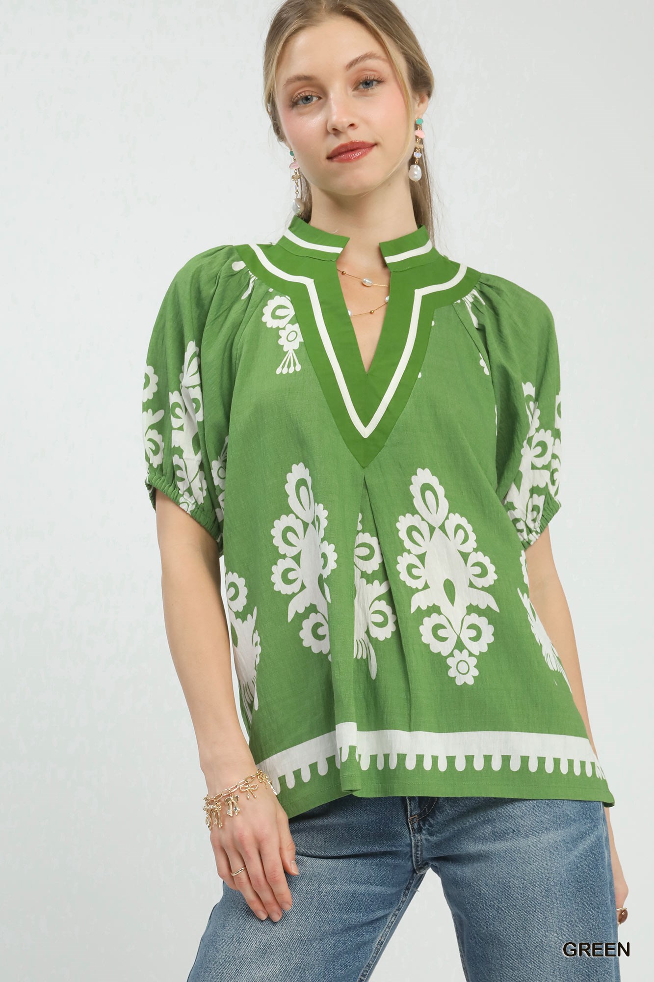 Boho Print Split-Neck Short Sleeve Top