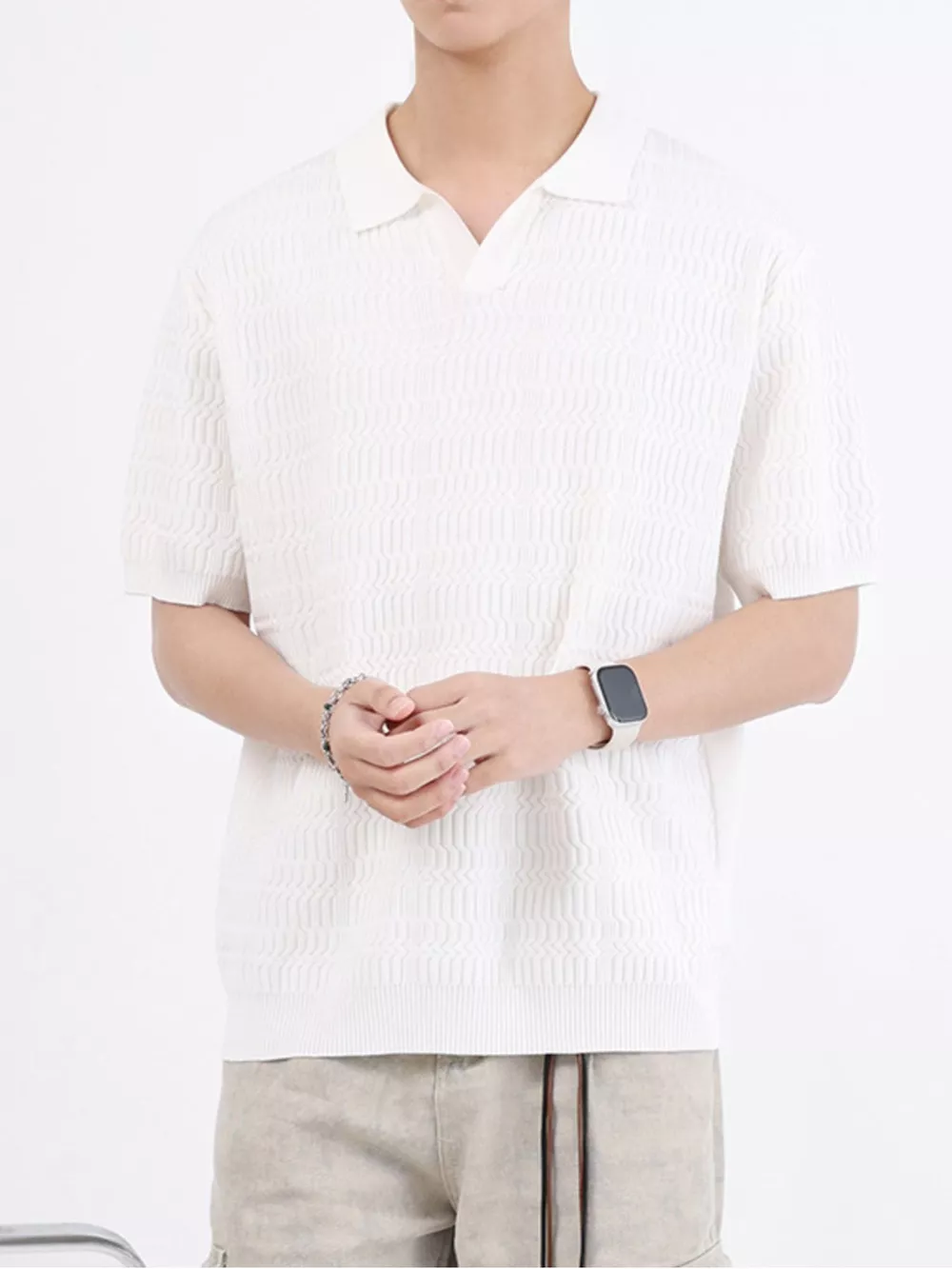 Men's Plus Size Textured Knit Short Sleeve Polo, image 6