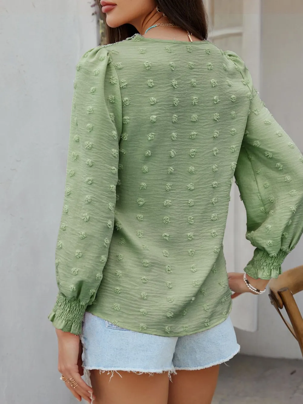 Swiss Dot Lace Detail V-Neck Long Sleeve Blouse, image 19