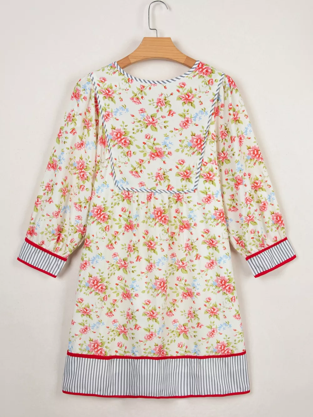 Striped Edge 3/4 Puff Sleeve Floral Dress, image 5