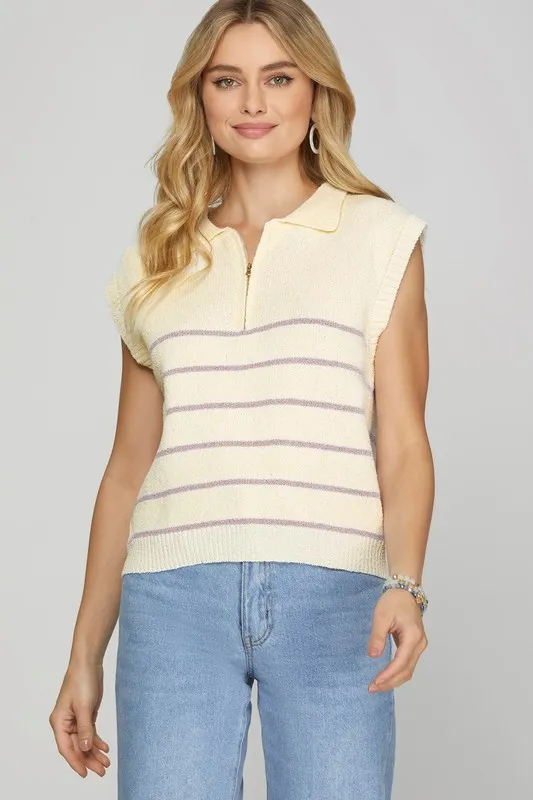 Ribbed Hem Striped Half Zip Sweater Vest