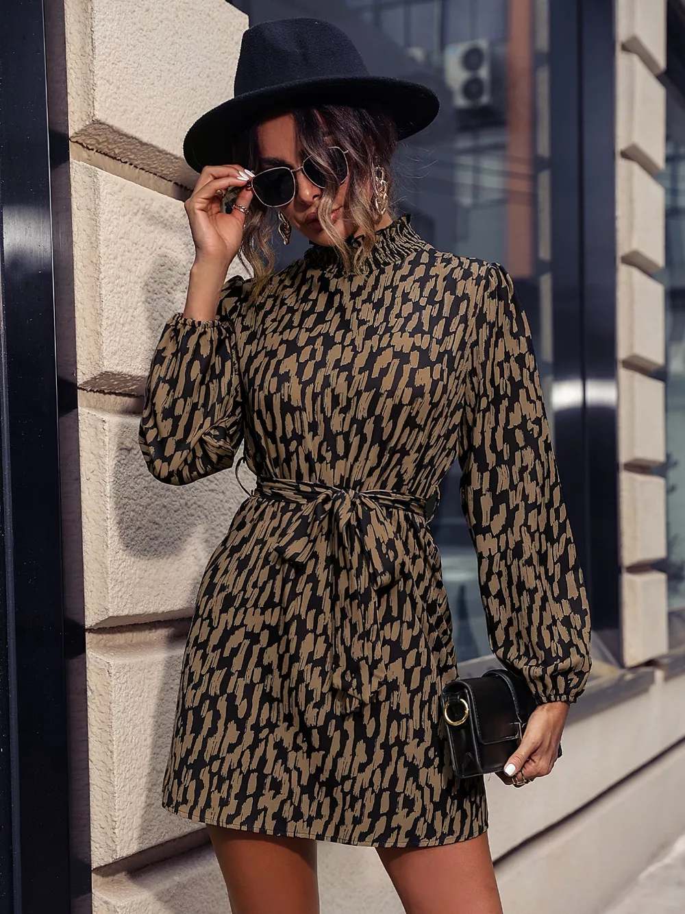 Printed Tie Waist Long Sleeve Dress, image 2
