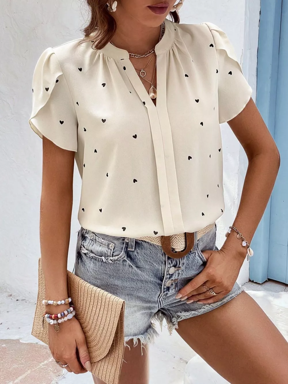 Heart Print Petal Sleeve Blouse, image 17