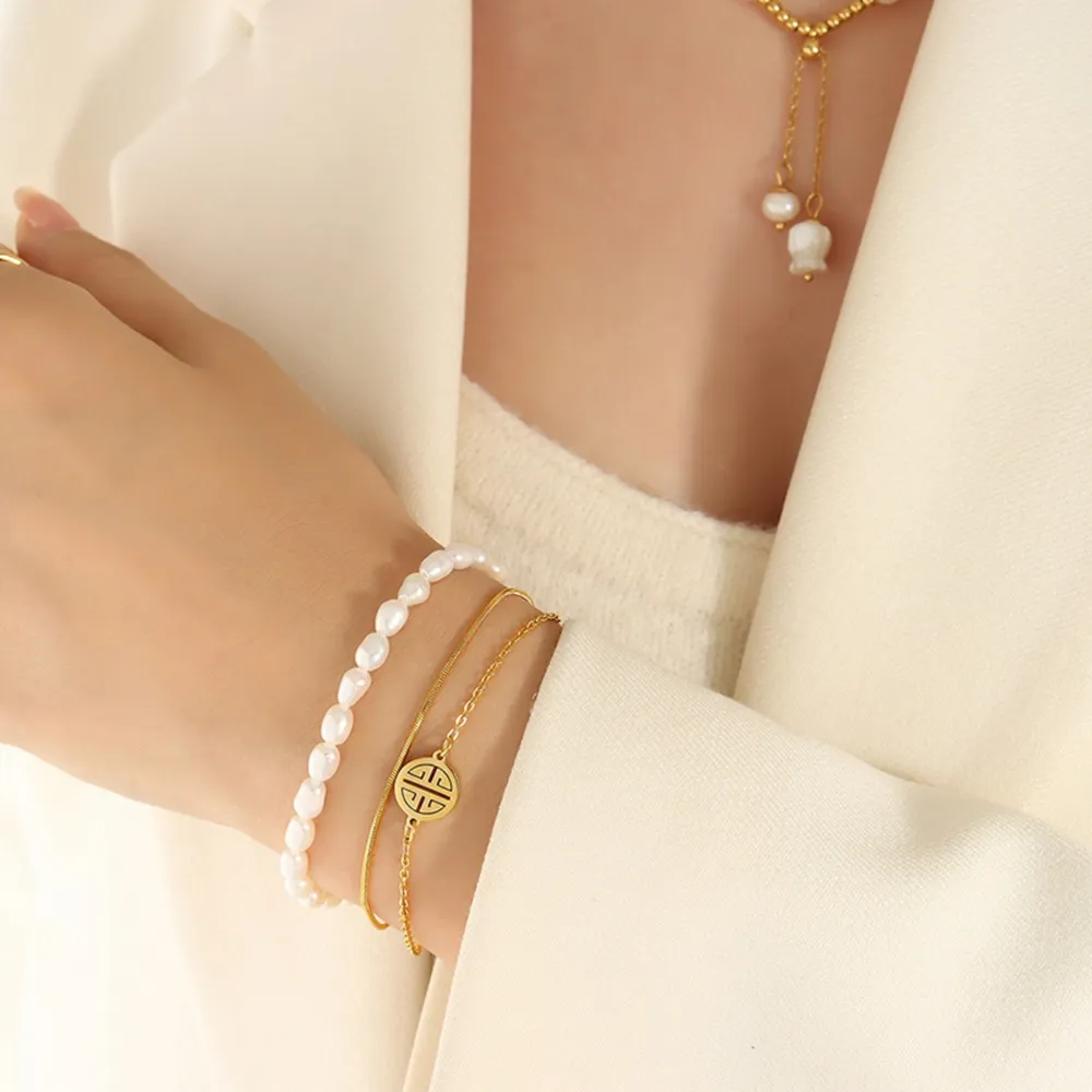 Titanium Steel Three-Layered Pearl Bracelet, image 4