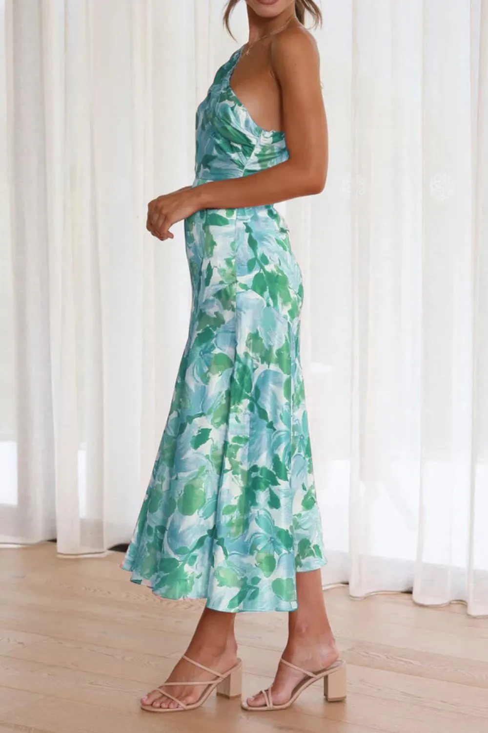 Ruched Printed Single Shoulder Midi Dress, image 3