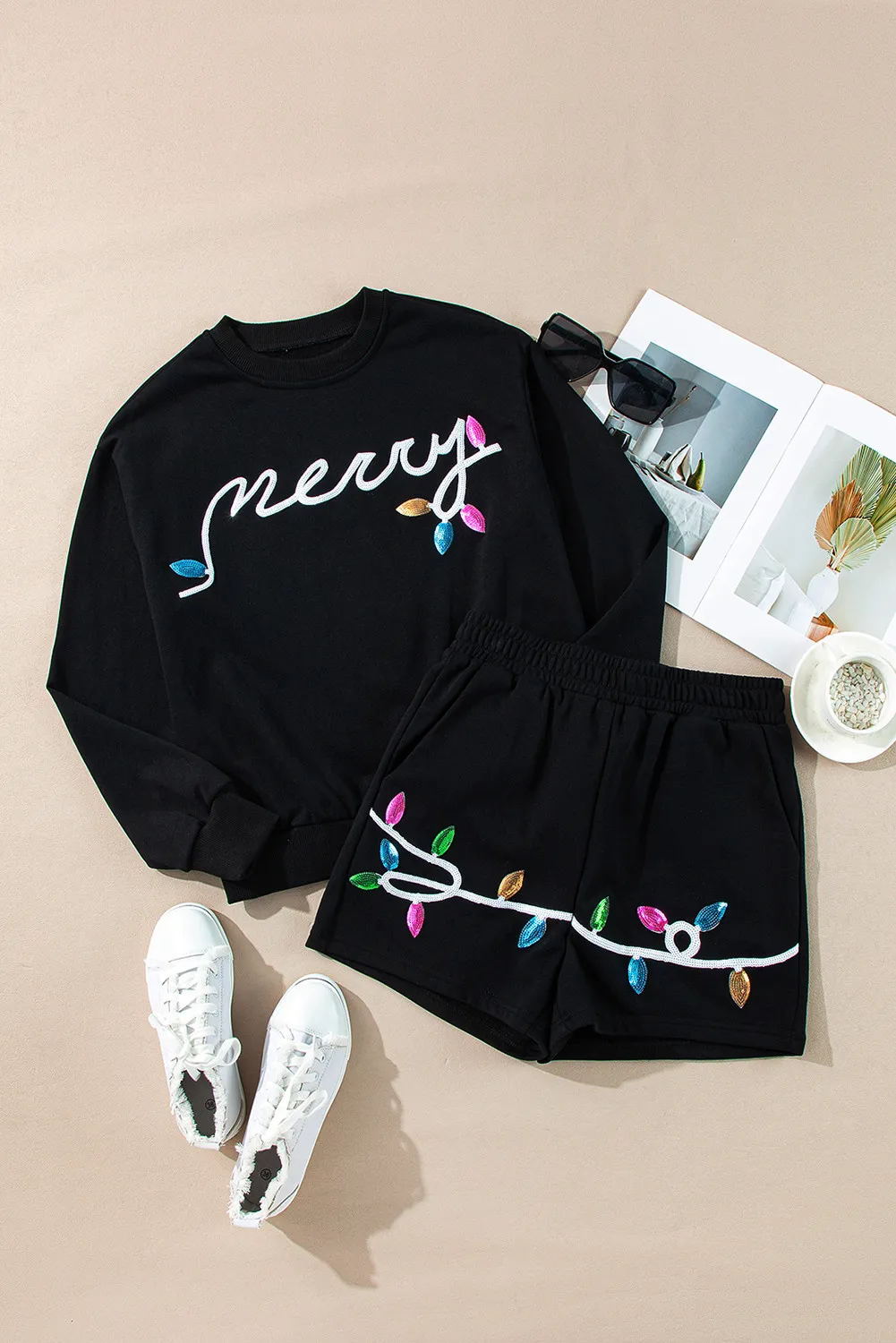MERRY Sequin Round Neck Long Sleeve Top and Shorts Set, image 4