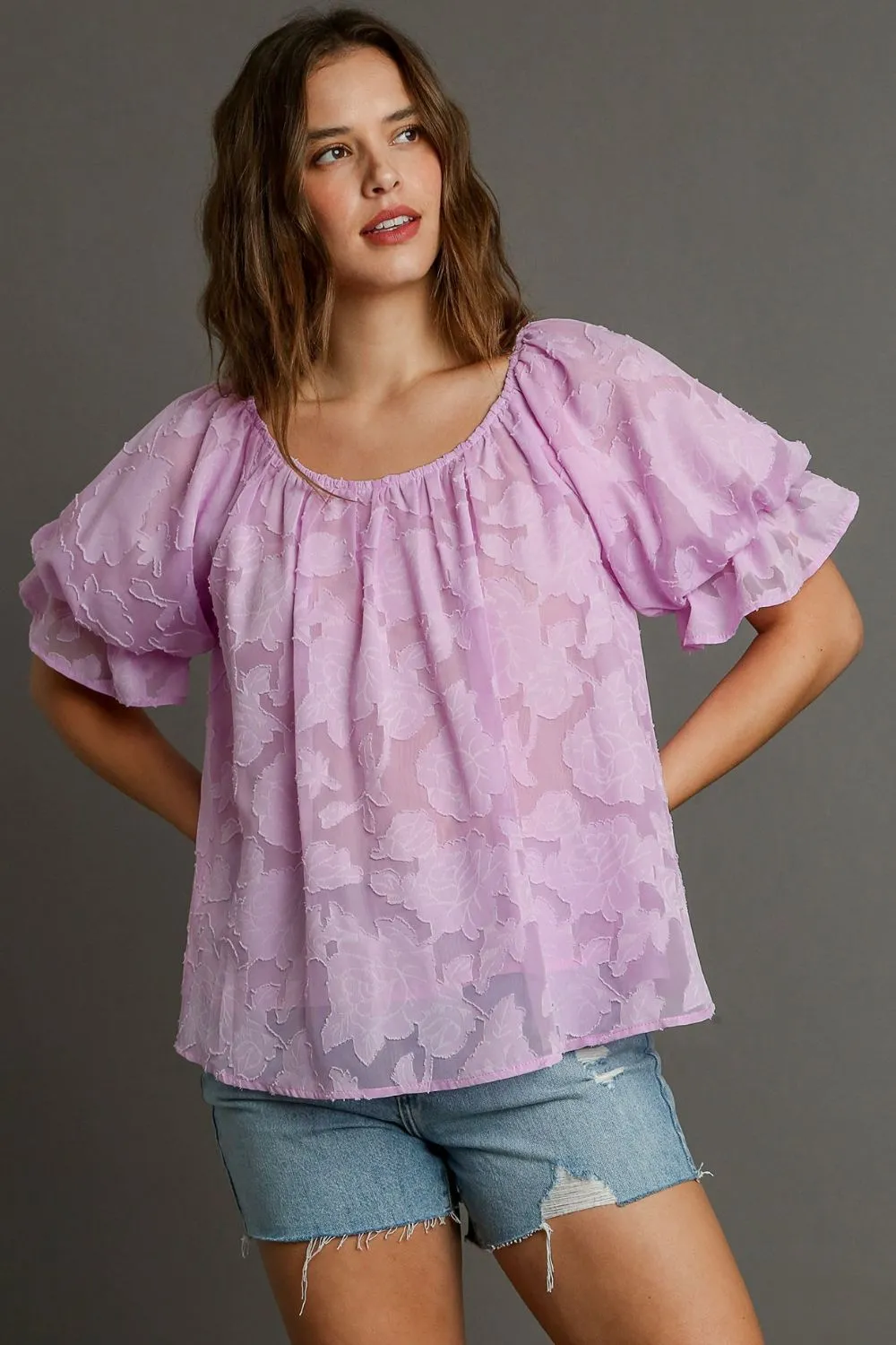 Full Size Jacquard Round Neck Ruffled Puff Sleeve Blouse Plus Size