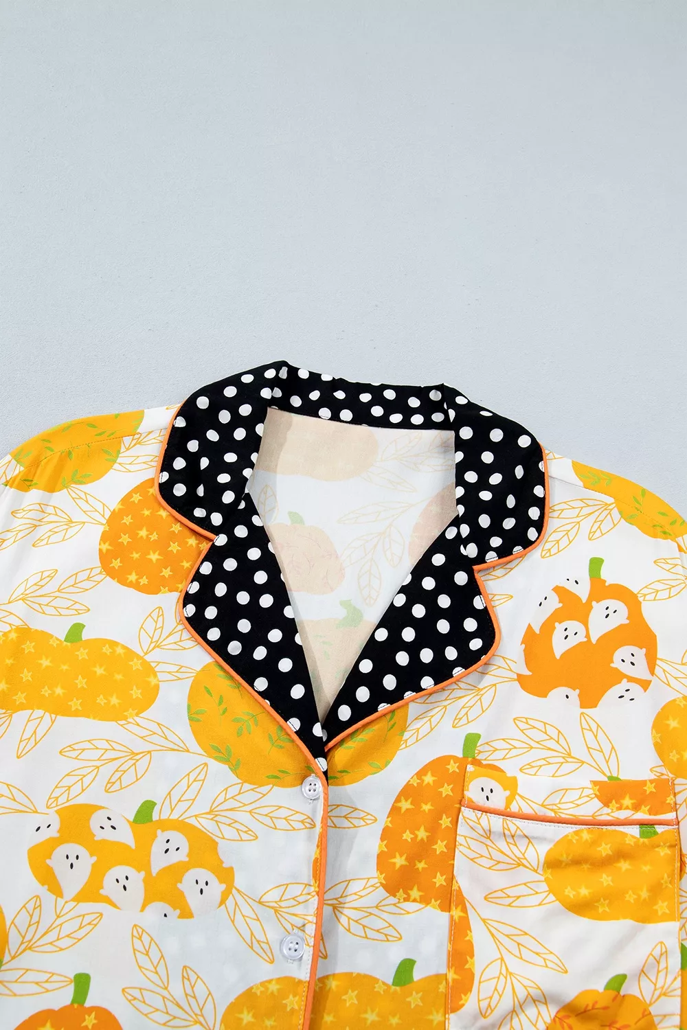 Short Sleeve Pumpkin Print Polka Dot Trim Pocket Placket Lounge Set, image 8