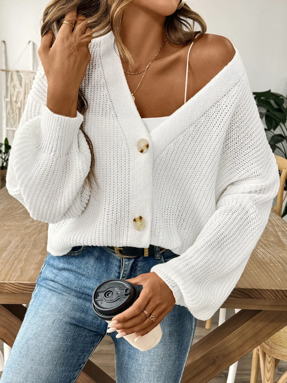 V-Neck Button Up Long Sleeve Cardigan, image 2