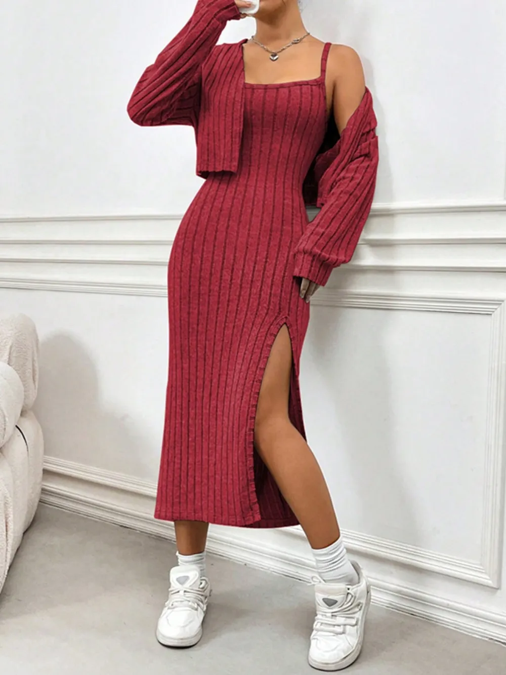 Ribbed Long Sleeve Cropped Cardigan and Slit Cami Dress Set, image 2