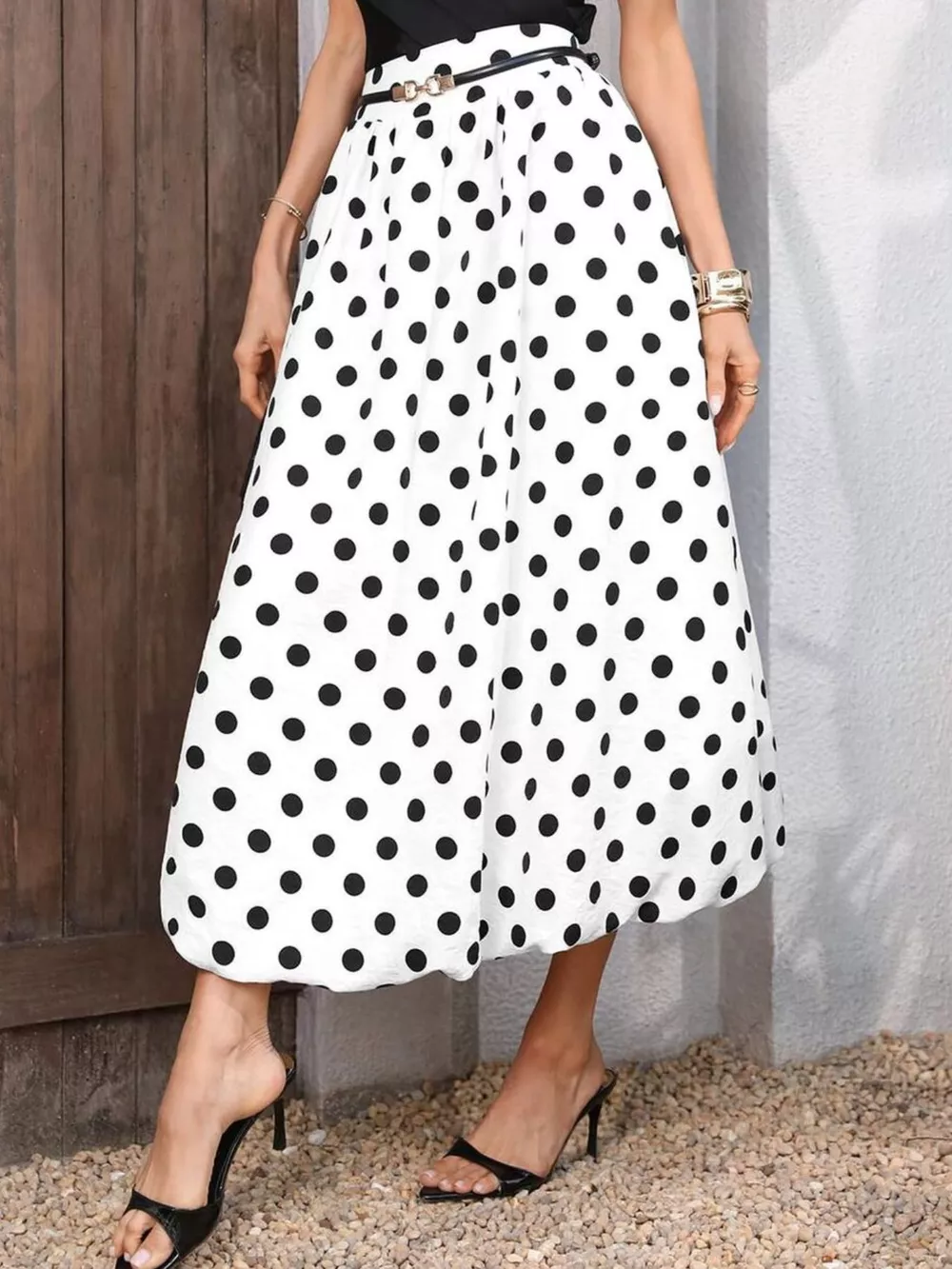 High-Waisted Polka Dot A-Line Midi Skirt