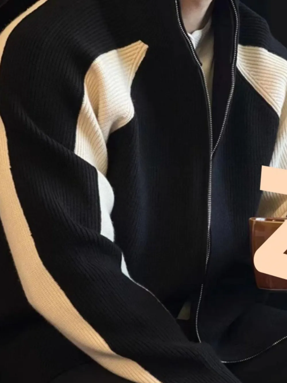 Men's Plus Size Color Block Ribbed Knit Zip-Up Cardigan