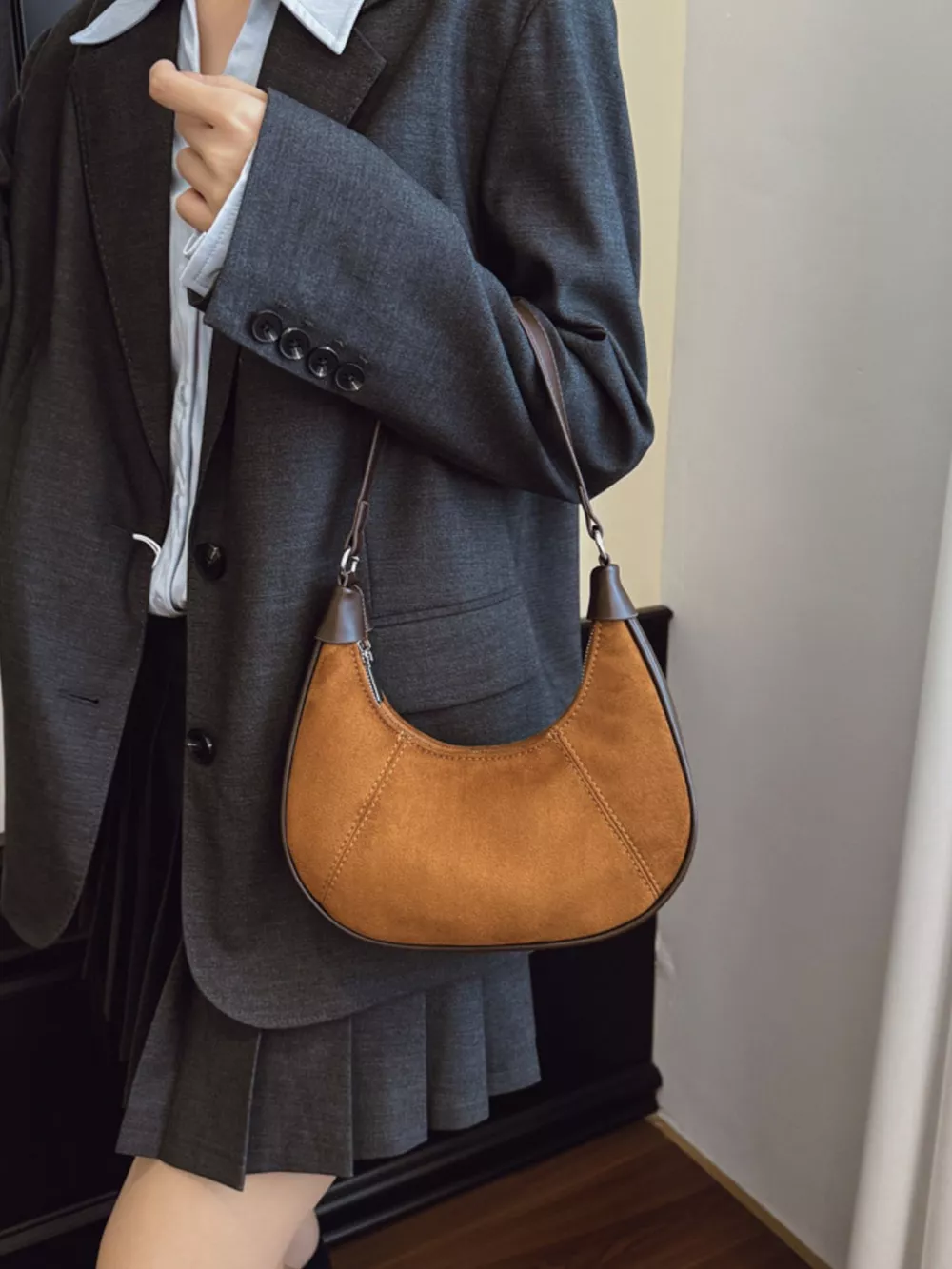Suede Crescent Shoulder Bag