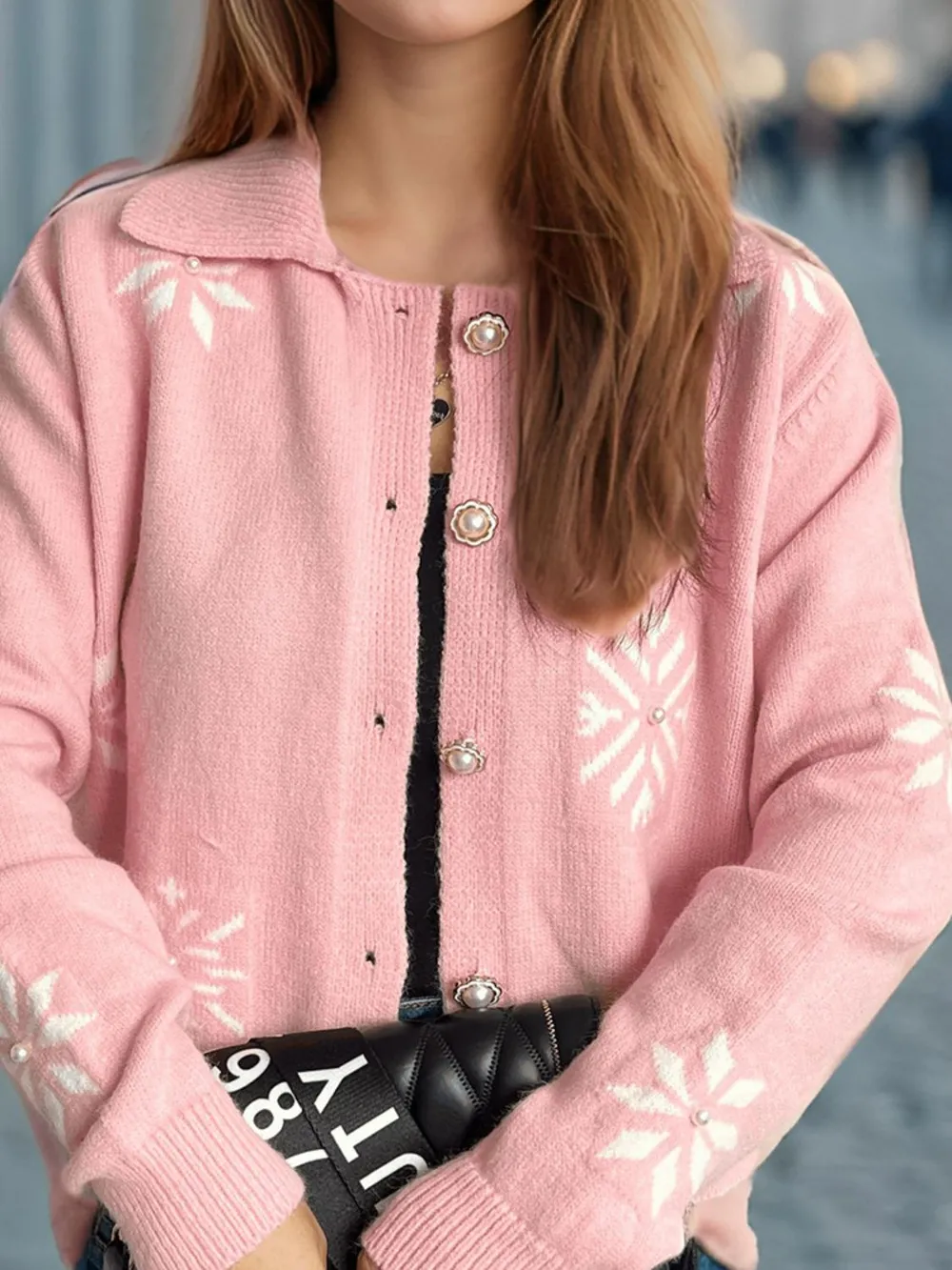 Pearl Trim Collared Neck Long Sleeve Cardigan, image 2