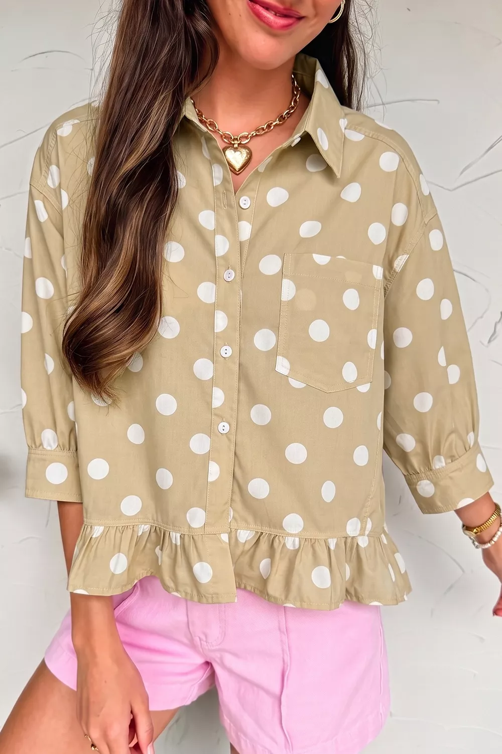 Polka Dot Print Three‑Quarter‑Sleeve Ruffle Hem Casual Shirt, image 12