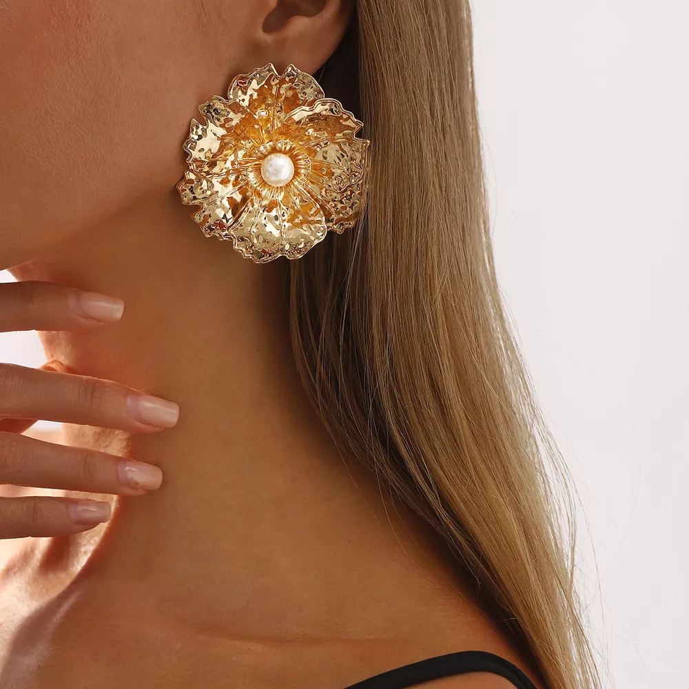 Gold Textured Flower Pearl Center Statement Earrings, image 2