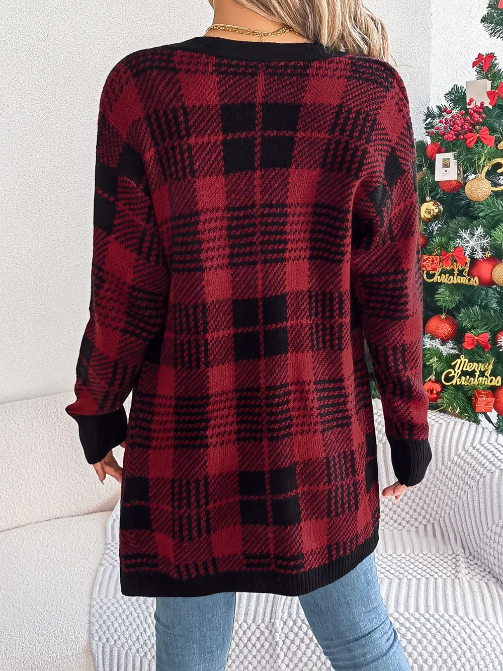 Plaid Open Front Long Sleeve Cardigan, image 4