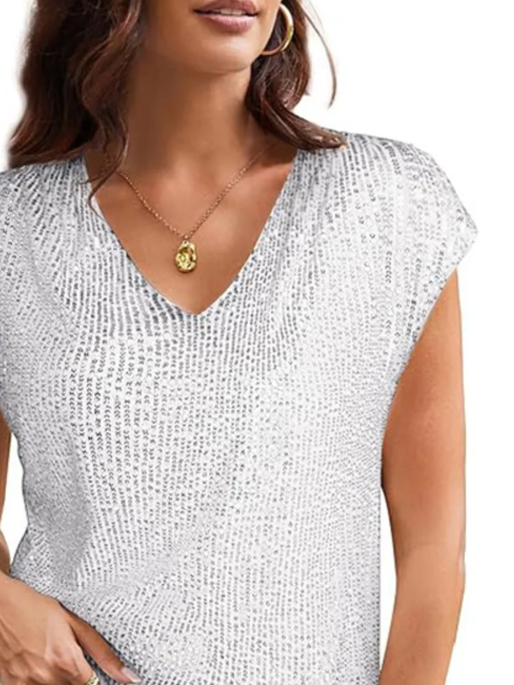 V-Neck Sequin Cap Sleeve Top, image 9