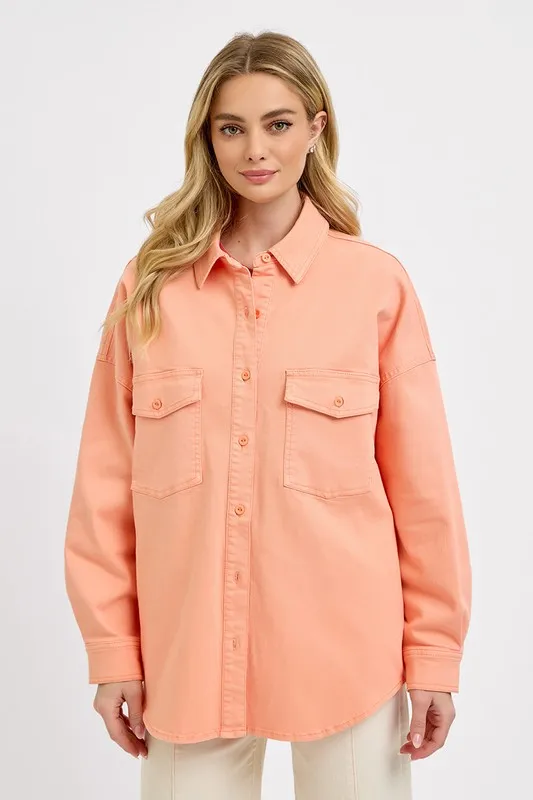 Full Size Button Down Long Sleeve Denim Shacket with Chest Pockets Plus Size