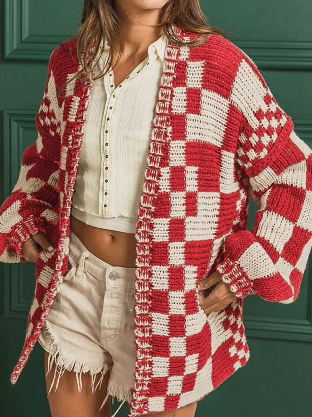 Checkered Open Front Long Sleeve Cardigan, image 15