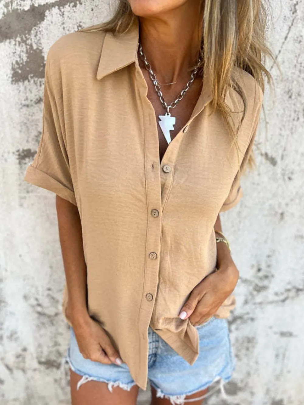 Full Size Collared Neck Half Sleeve Shirt Plus Size, image 14