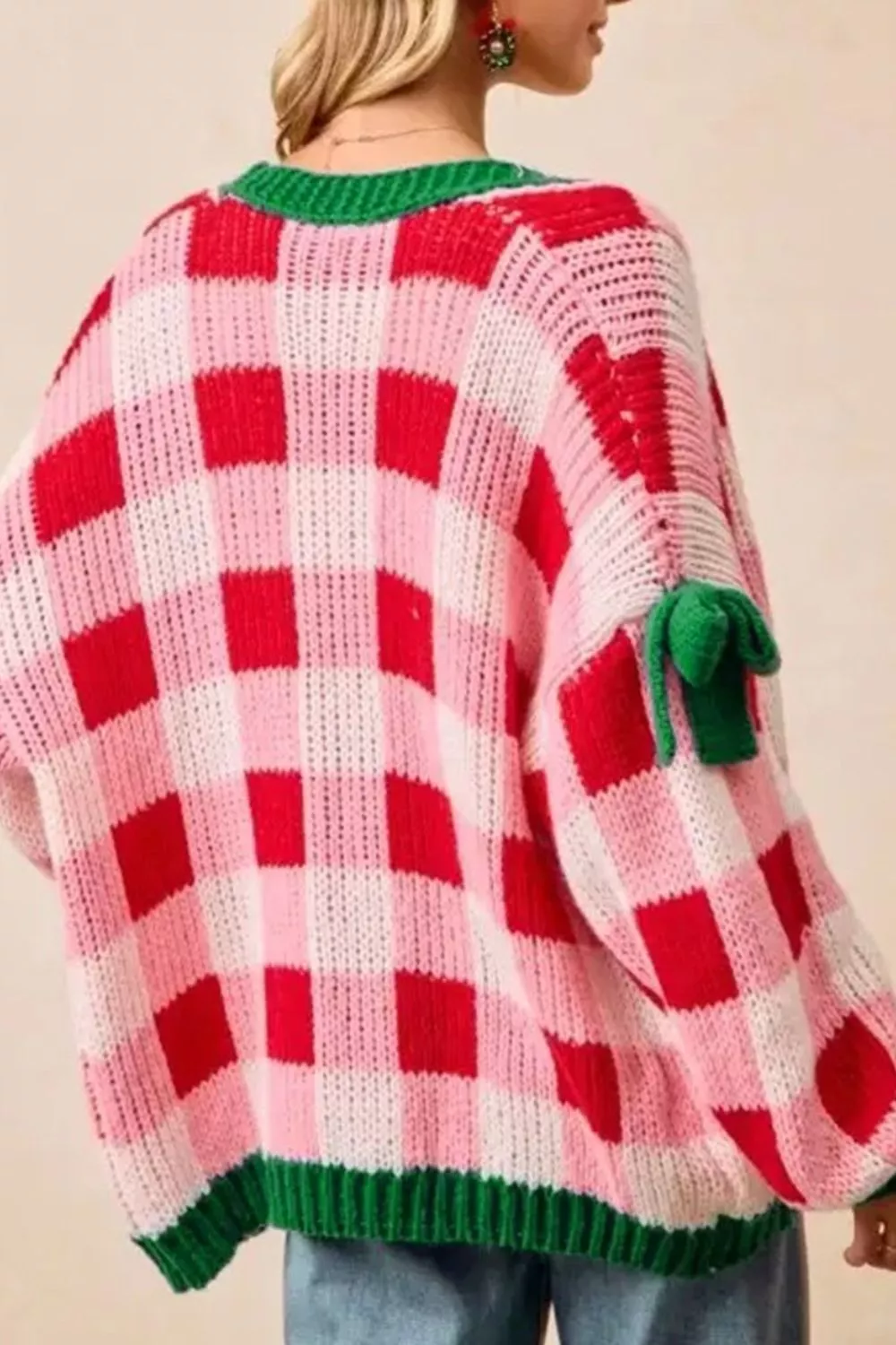 Checkered Bow-Tie Sleeve Knit Christmas Cardigan, image 3