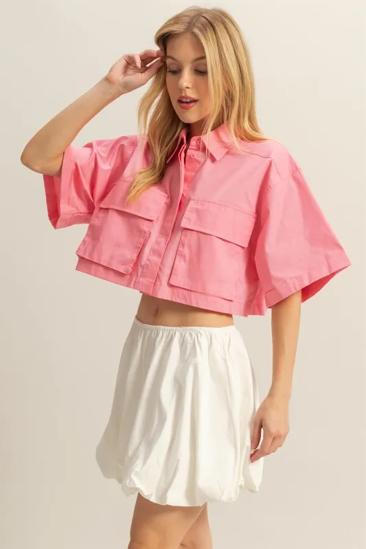 Front Pockets Poplin Collared Neck Crop Shirt, image 2