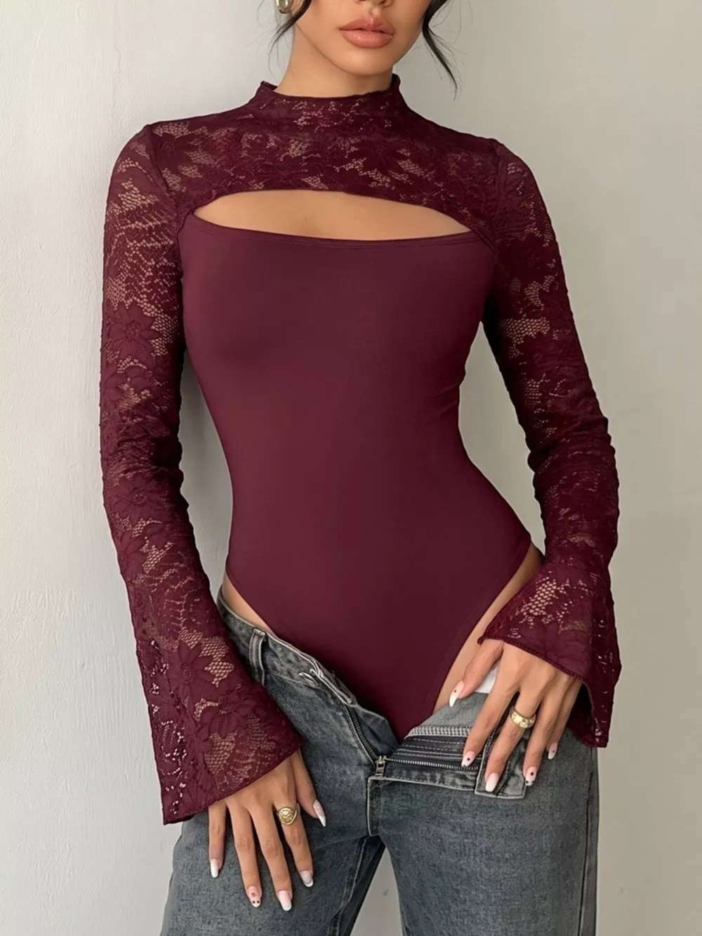 Lace Cut-out Flare Sleeve Bodysuit, image 6
