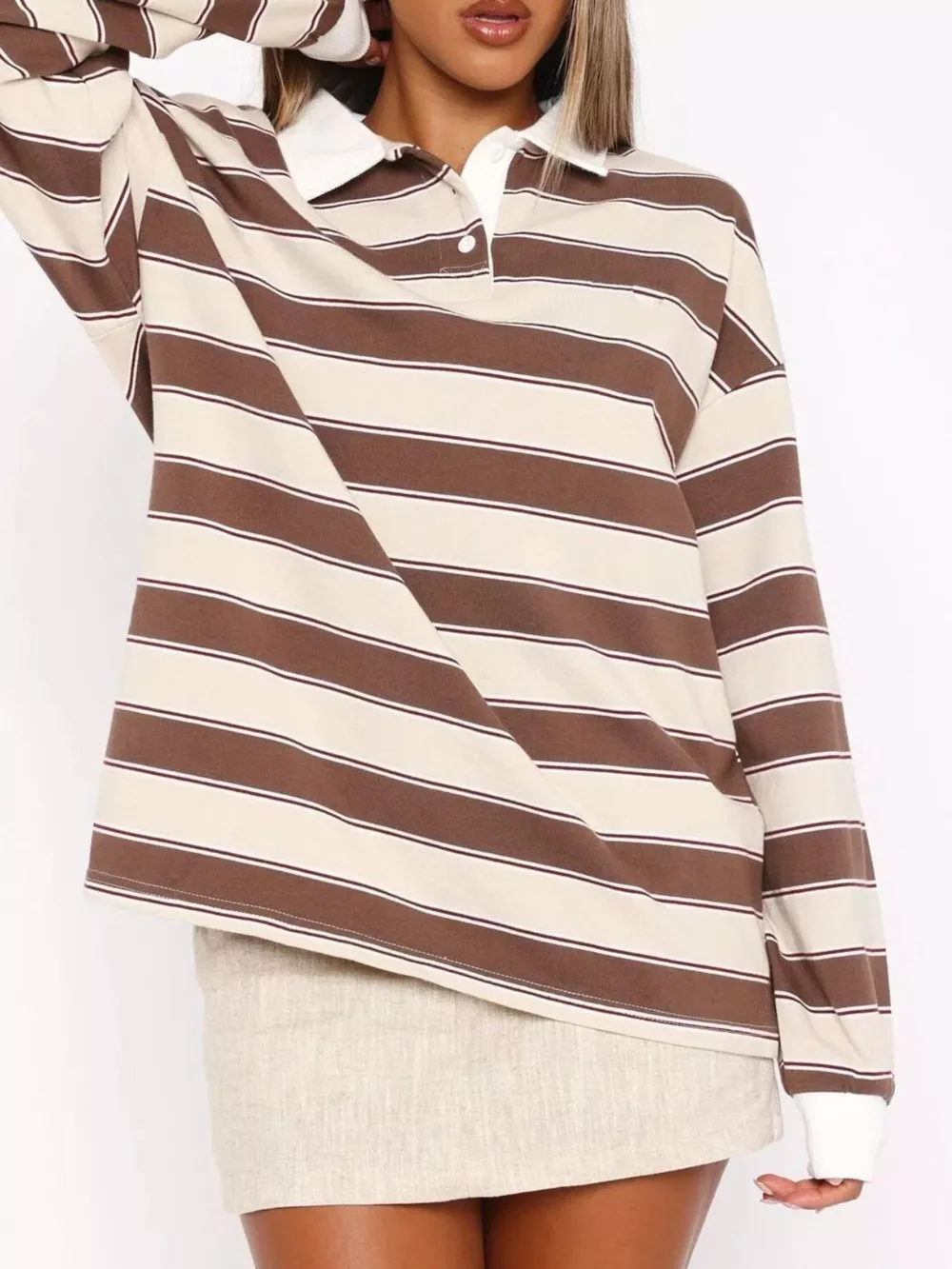 Striped Button Detail Long Sleeve Polo, image 2