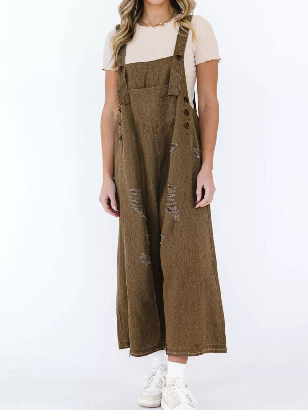 Distressed Wide Leg Denim Overalls, image 11