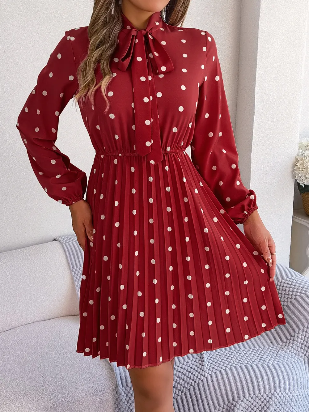 Polka Dot Tie Neck Pleated Dress, image 15